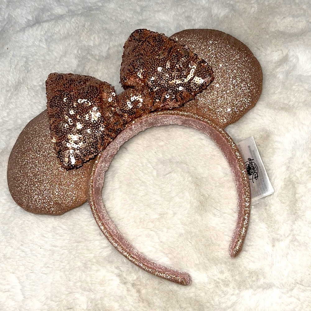 Authentic Disney Parks Sequin Ears Headband Rose Gold w/ Bow